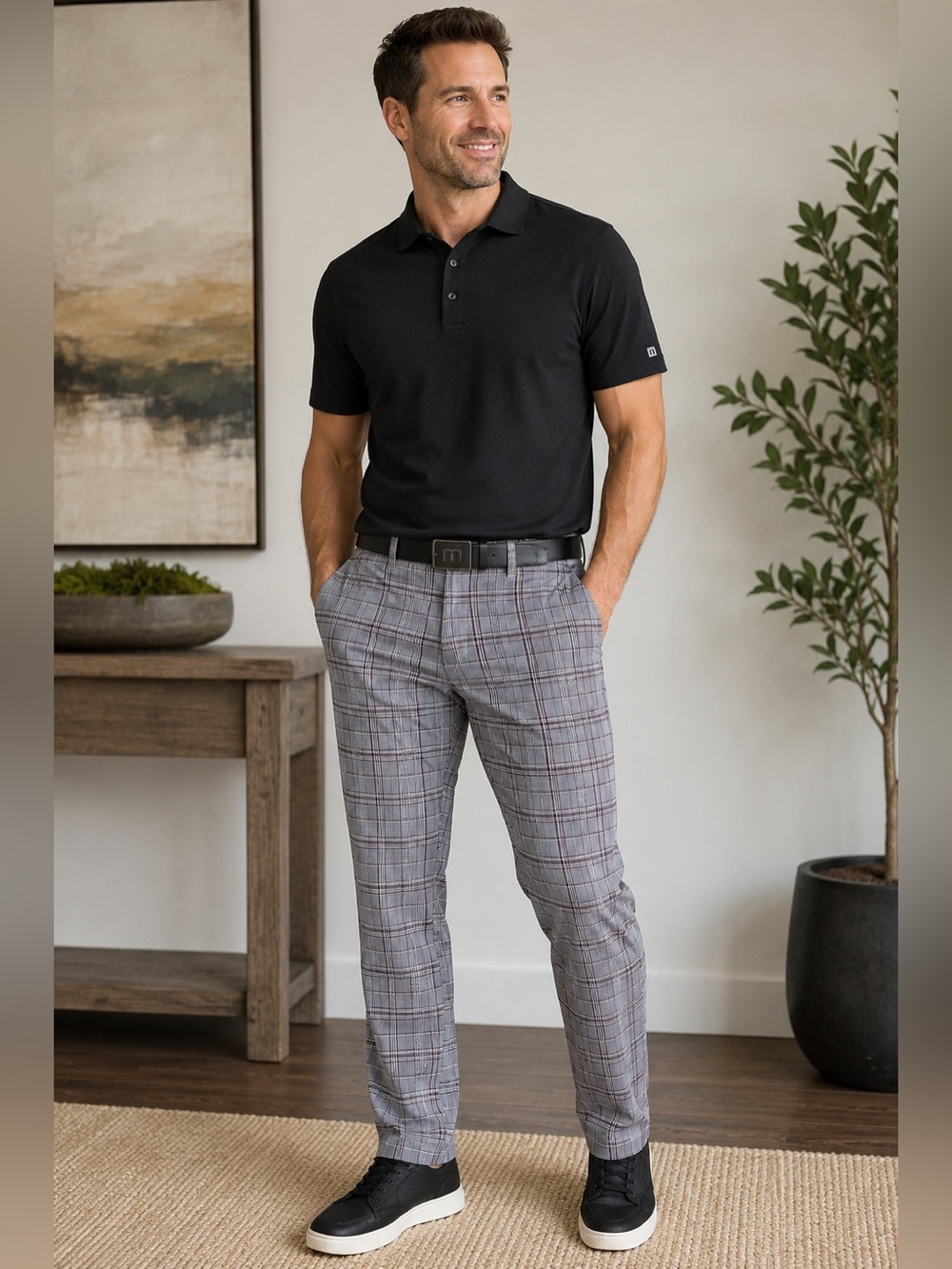 Travis Mathew Plaid Golf Pants Men’s Size 36 Gray Stretch Flat Front Casual
